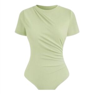 NWOT: Green, Elegant, ruched, short sleeve, snap closure, bodysuits (10 Colors)